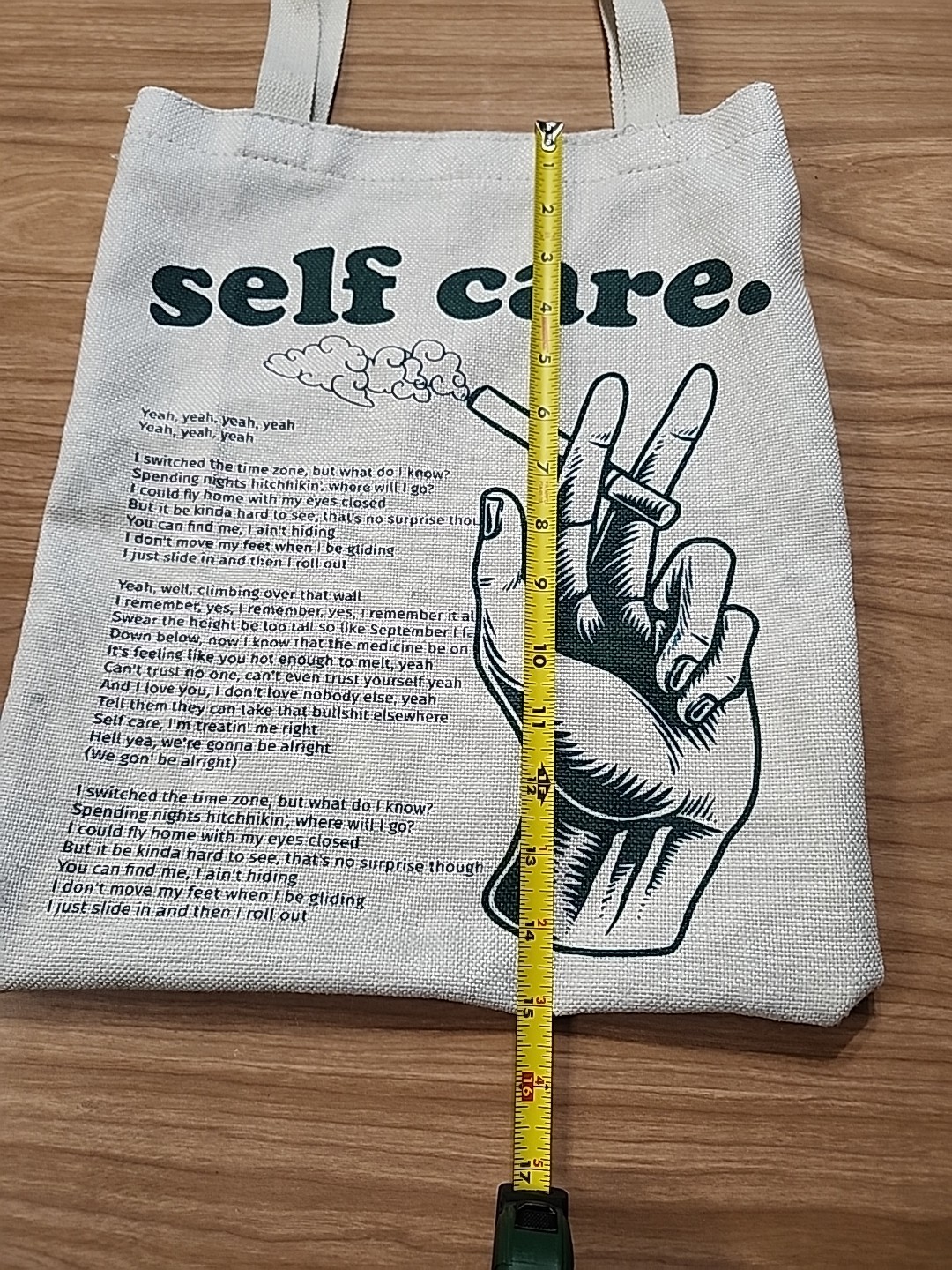 Mac Milller Self Care Tote Green Print Cigarette And Hand Imagery 15×13