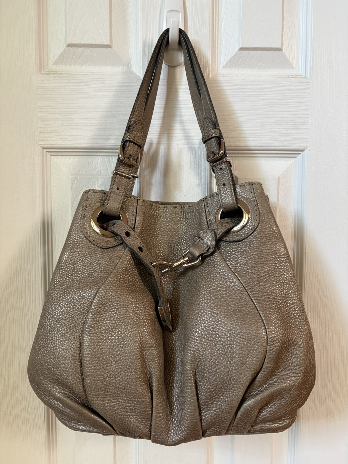 Vintage Fendi Selleria Pomodorino Tote Handbag in Metallic Gray Pebbled Leather