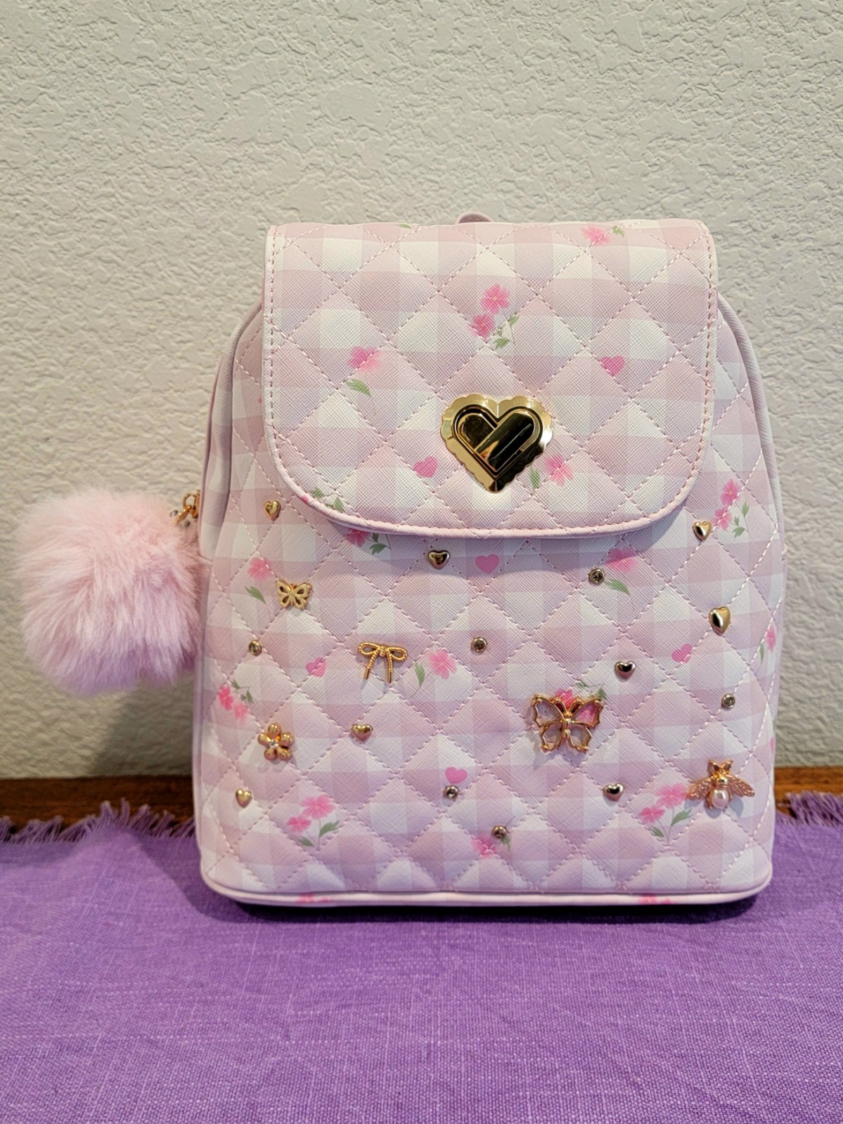 Under One Sky Pink Mini Backpack – Bows, Hearts, Butterfly, Pompom & Bracelet