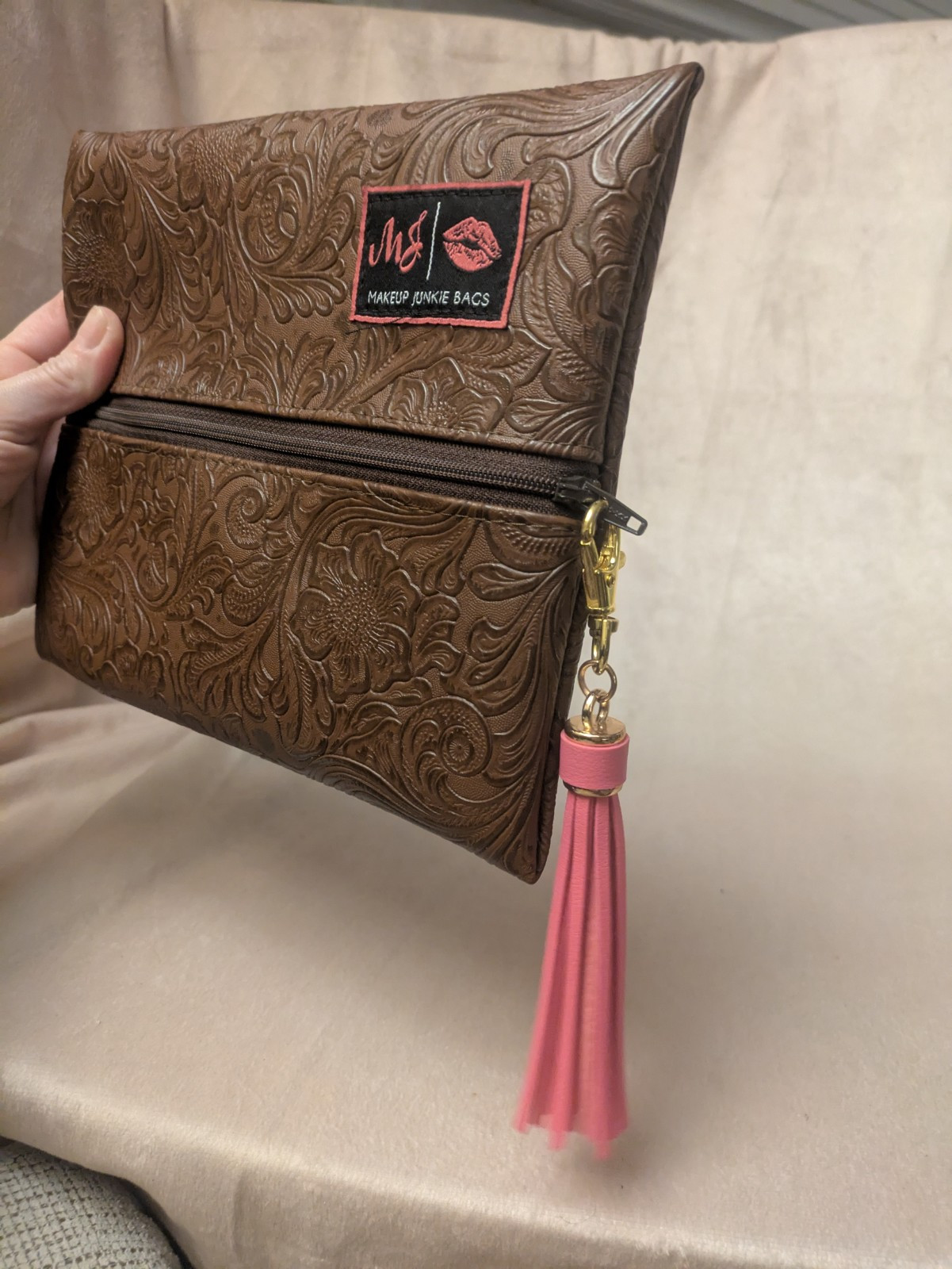 MJ Makeup Junkie Bag Lasso Embossed Small Brown Zipper Pink And Gold Tassel Clip