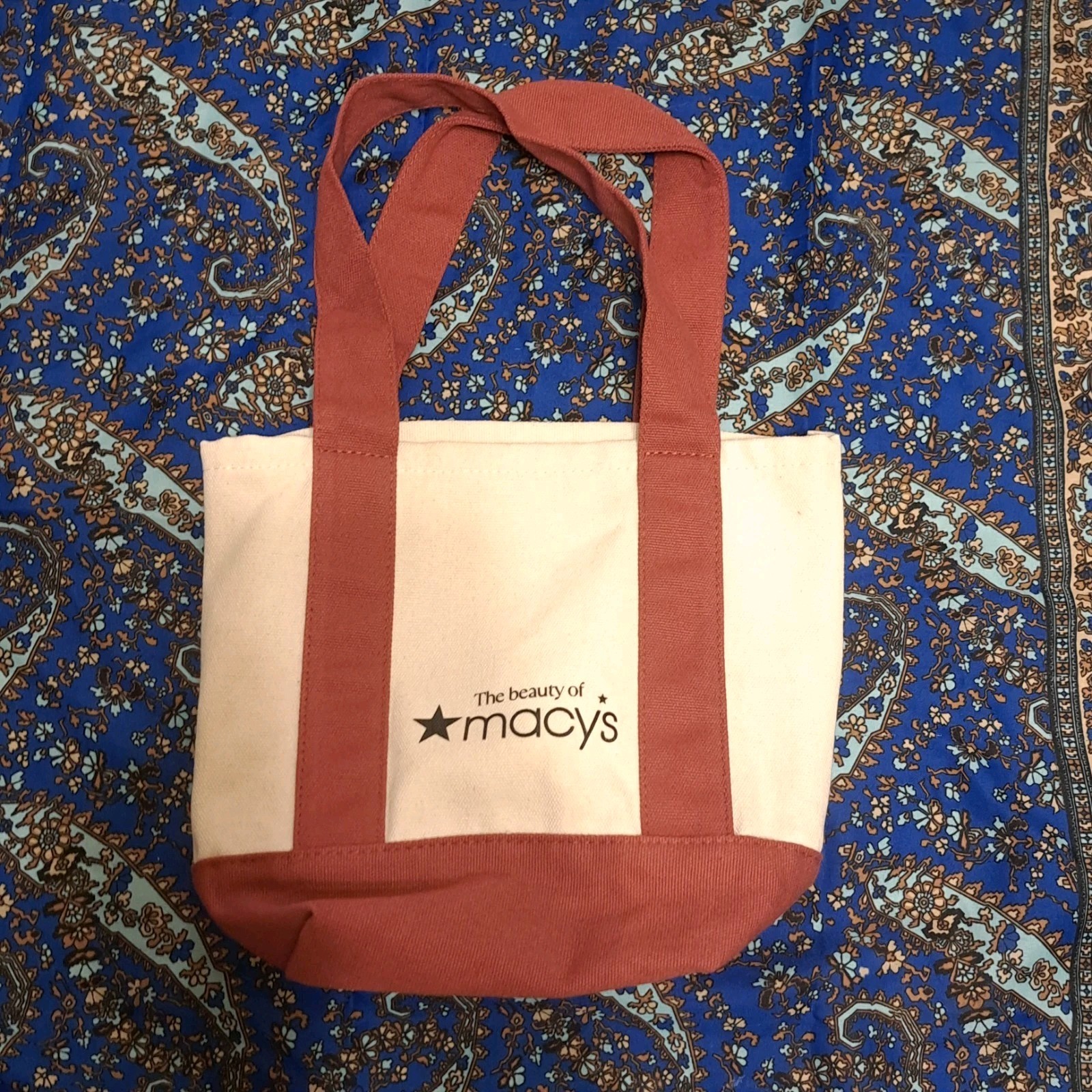 Macys Canvas Tote Bag Beige Red Shopper Small Travel Handbag New