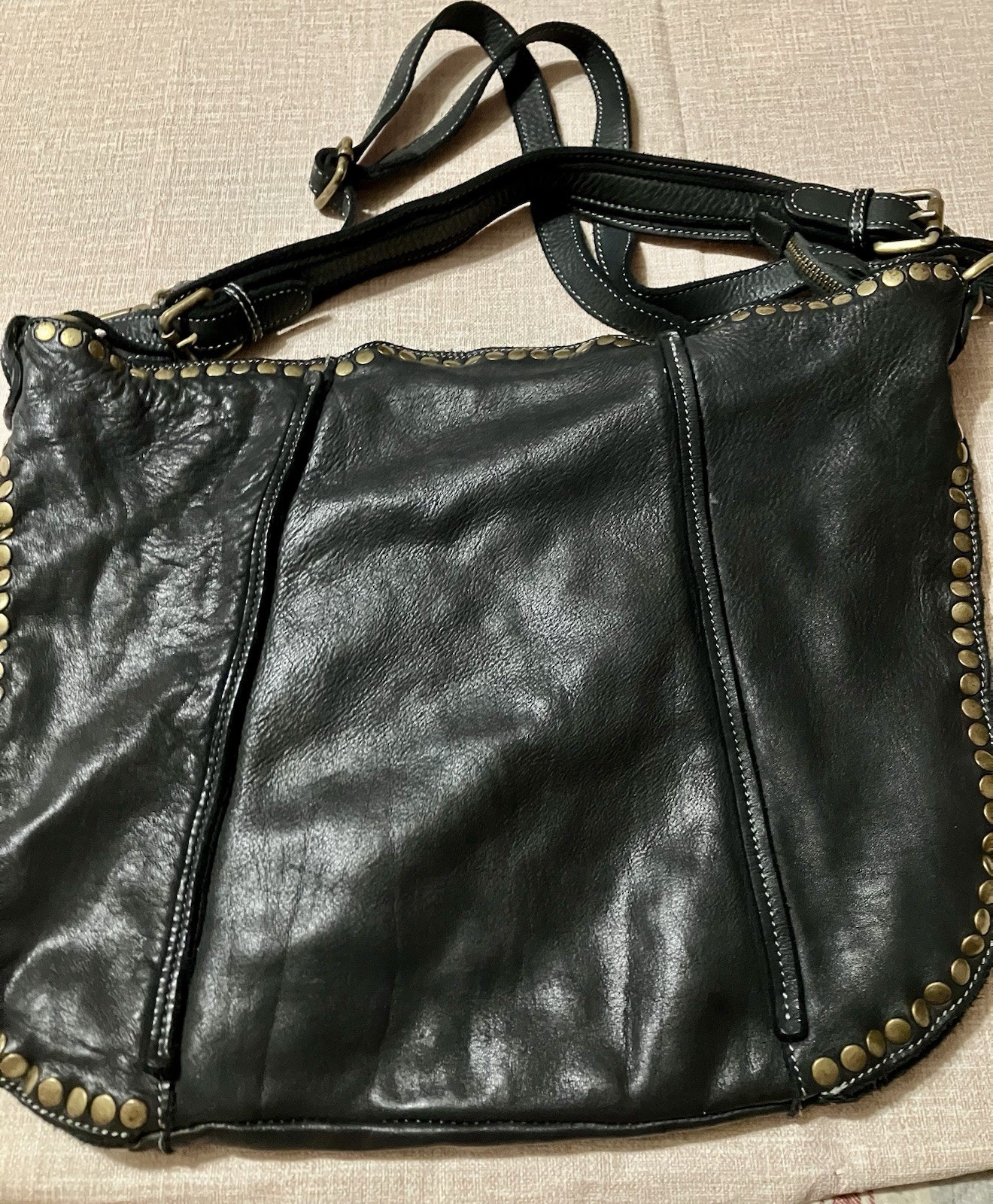 Bolsa Nova Anna Hobo Italian Black Washed Supple Leather Studded Shoulder Bag
