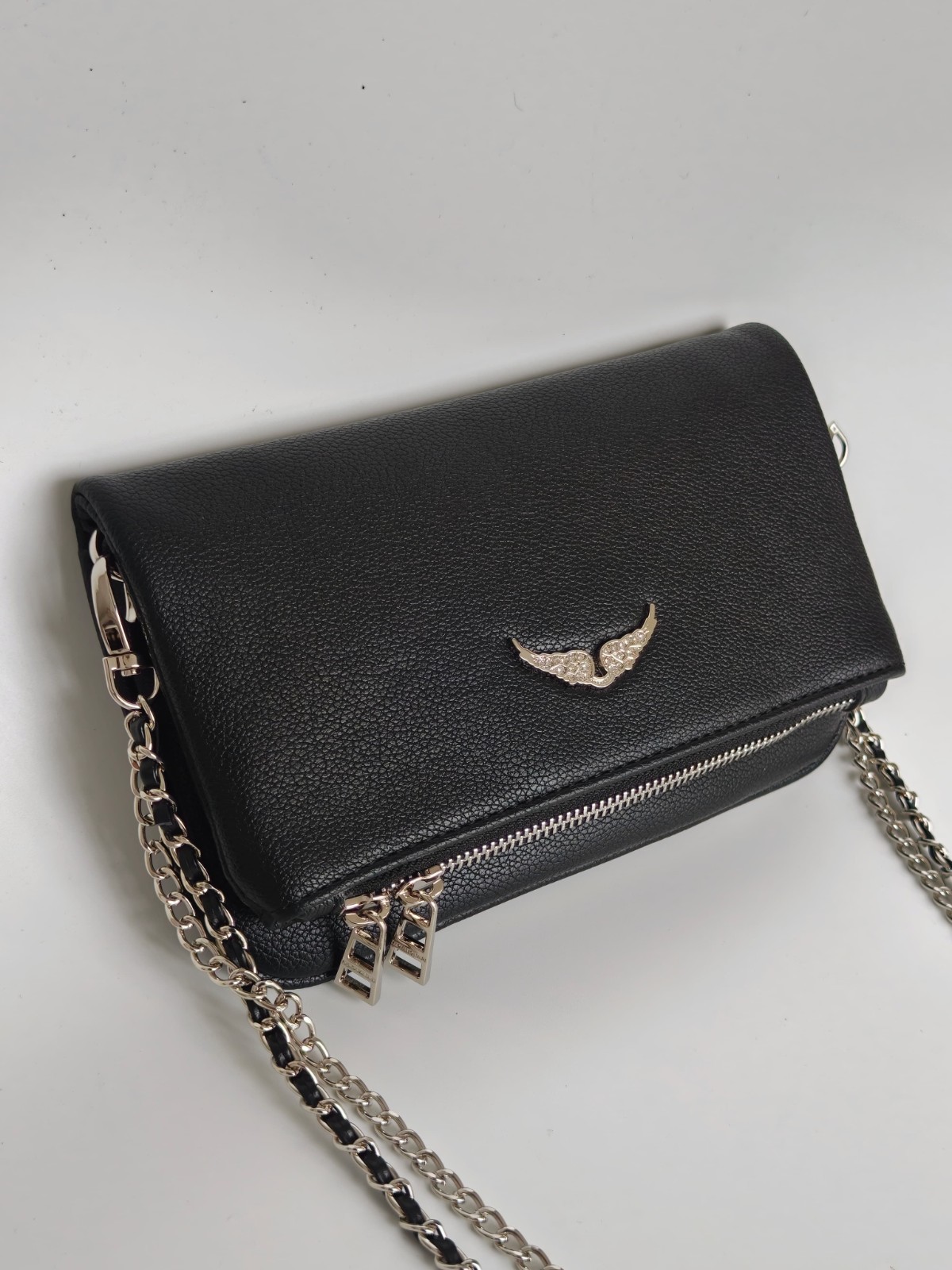 Zadig & Voltaire Rock Wing Black Silver Pebbled Leather Shoulder Bag 21×13×3cm