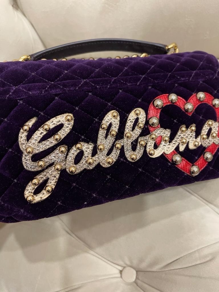 Dolce & Gabbana Purple Quilted Logo Studded Small Shoulder Bag Chain Gold HW
