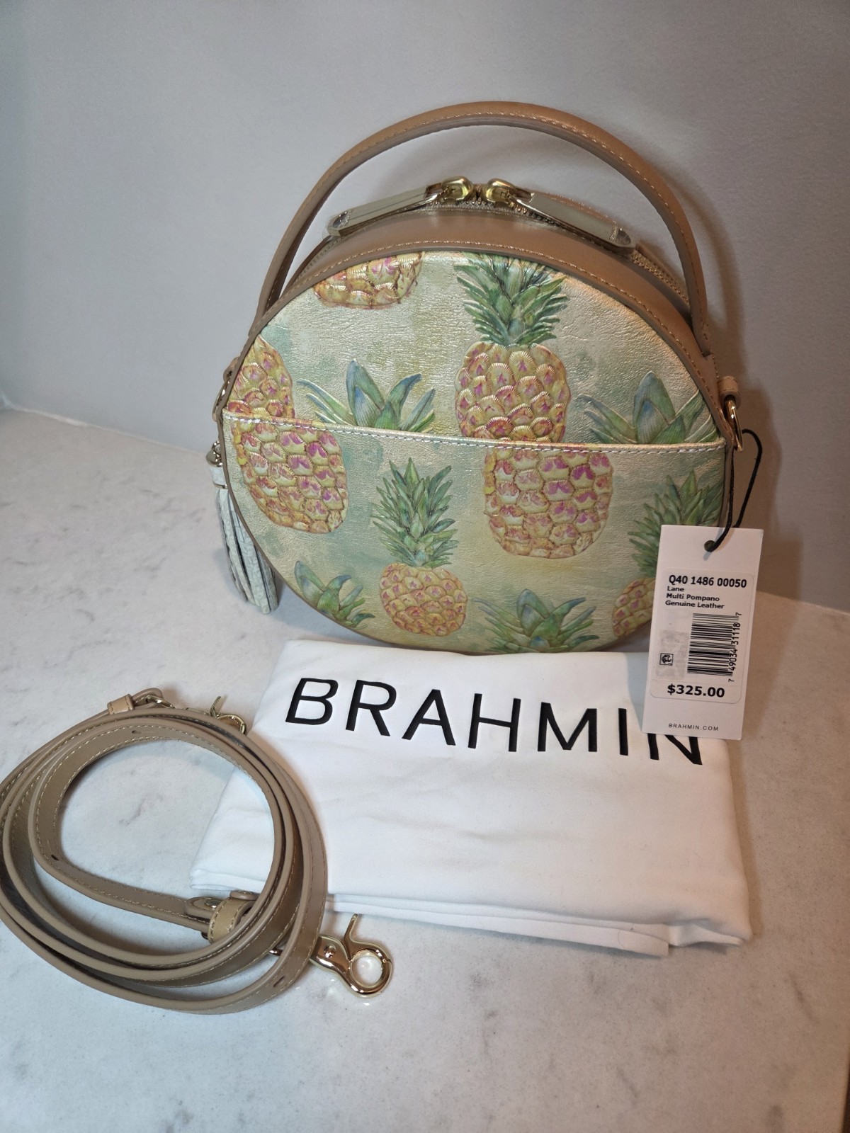 NWT Brahmin Lane Pineapple Pompano Signature Classic Crossbody Dustbag Leather