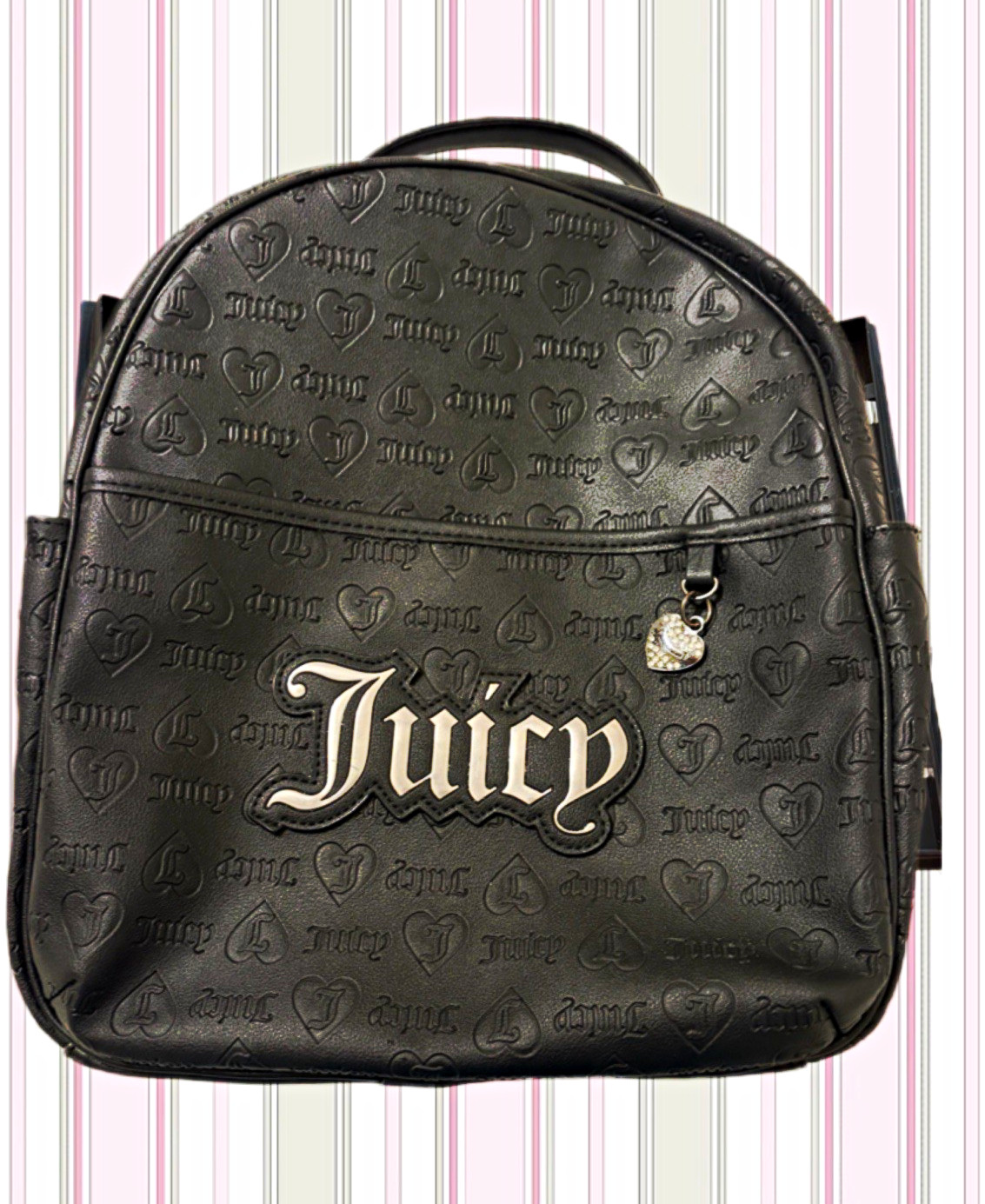 Juicy Couture Black Logo Embossed Backpack Purse, Zip, Charm, Pockets
