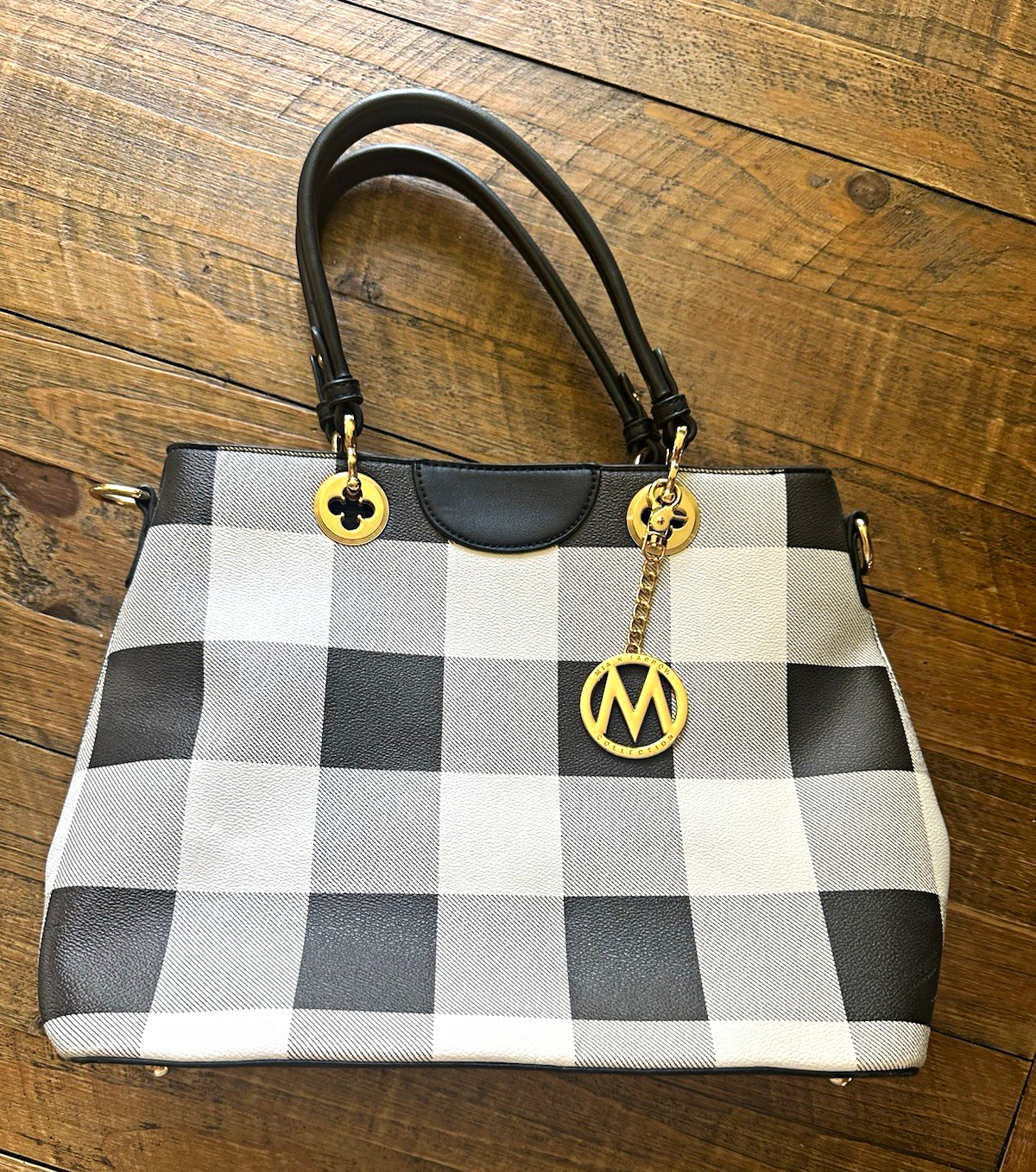 MKF Blk & White Checkered Satchel Handbag Double Handles Zip Gold Hardware Charm