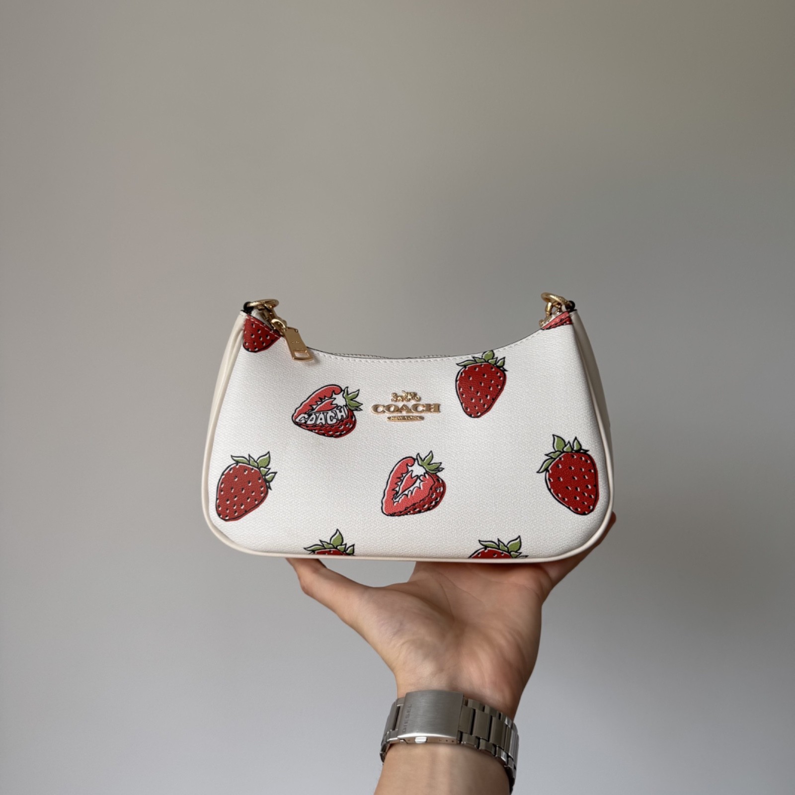 Coach Teri Shoulder Bag With Strawberry Print Chalk Multi Canvas CAL62