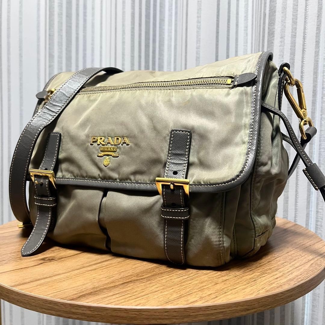Auth PRADA Nylon Shoulder Messenger Bag Buckle Khaki Zipper Flap Logo Women’s