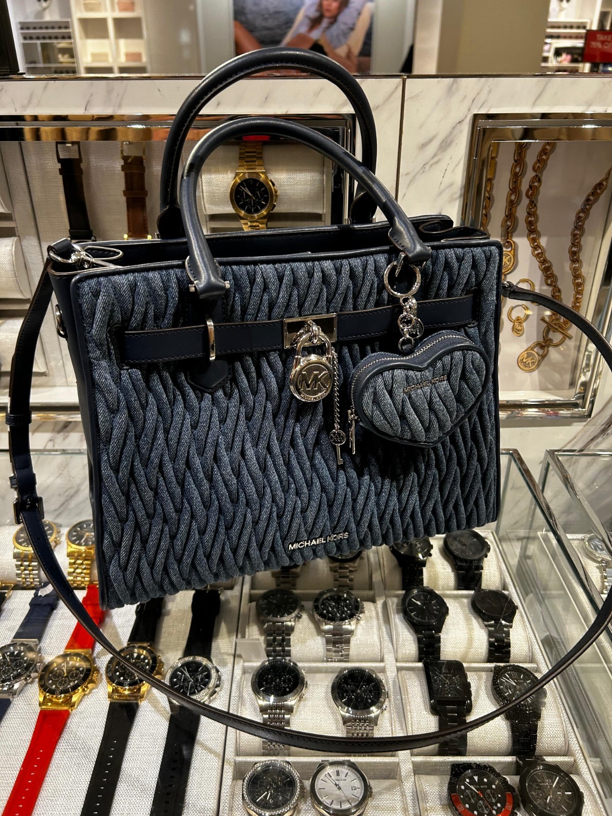 Michael Kors Hamilton Women Medium Matelassé Satchel Bag + Coin Purse Denim