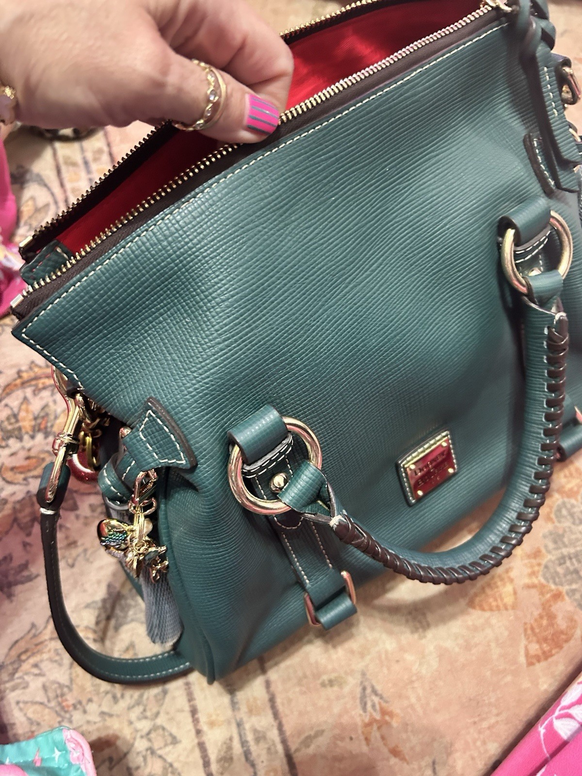 Dooney & Bourke Green Textured Satchel Zip Bag, Gold Hardware, Strap, Charm