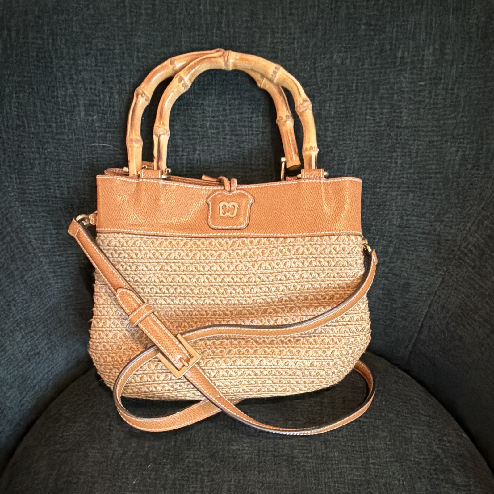 Eric Javits Tan Satchel Top Handle Bamboo Handles Snap Zip Gold Hardware Lined