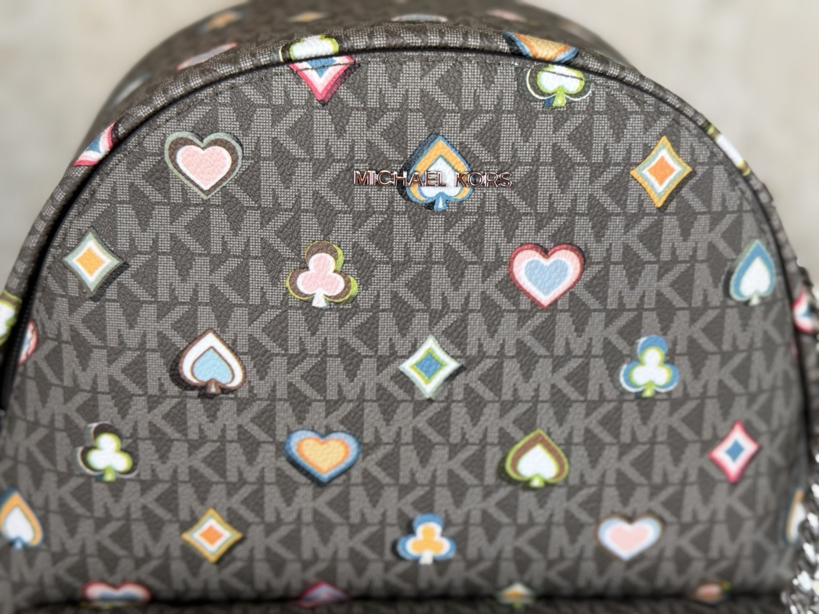 Michael Kors Slater Medium Chain Backpack MK Hearts Spades Diamonds Clubs Olive