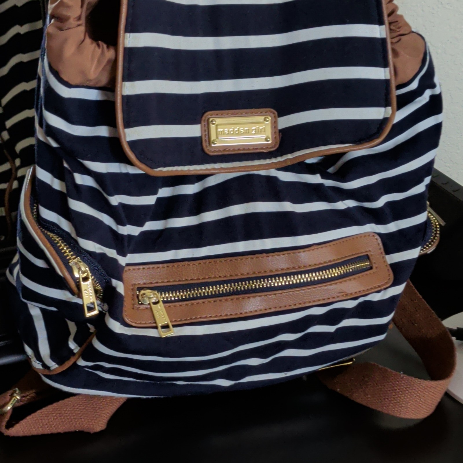 Madden Girl Navy & White Striped Backpack Brown Straps Gold Zip Pockets
