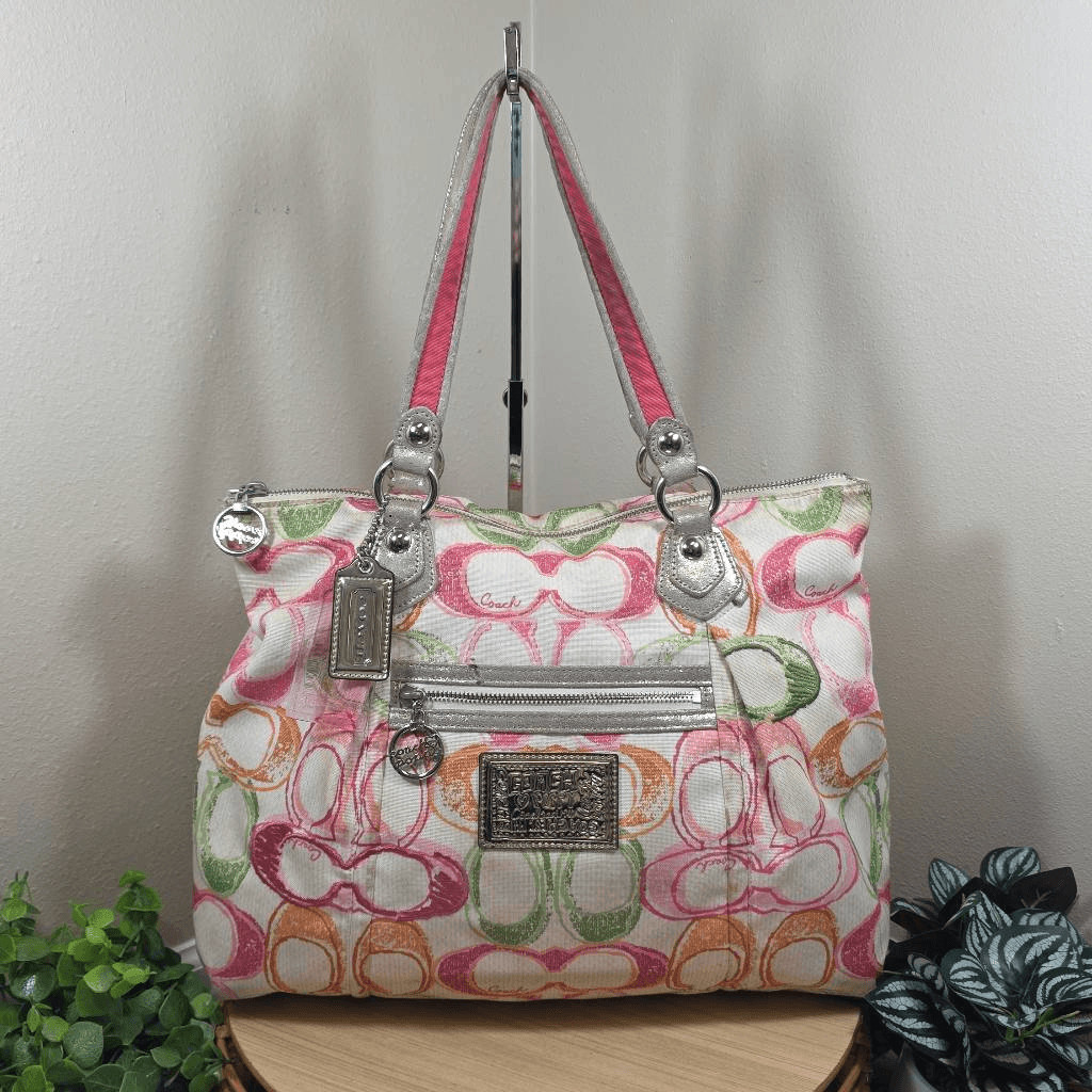 Coach Poppy Dream C Glam Tote Silver Multi Canvas Shoulder Bag Style 16697