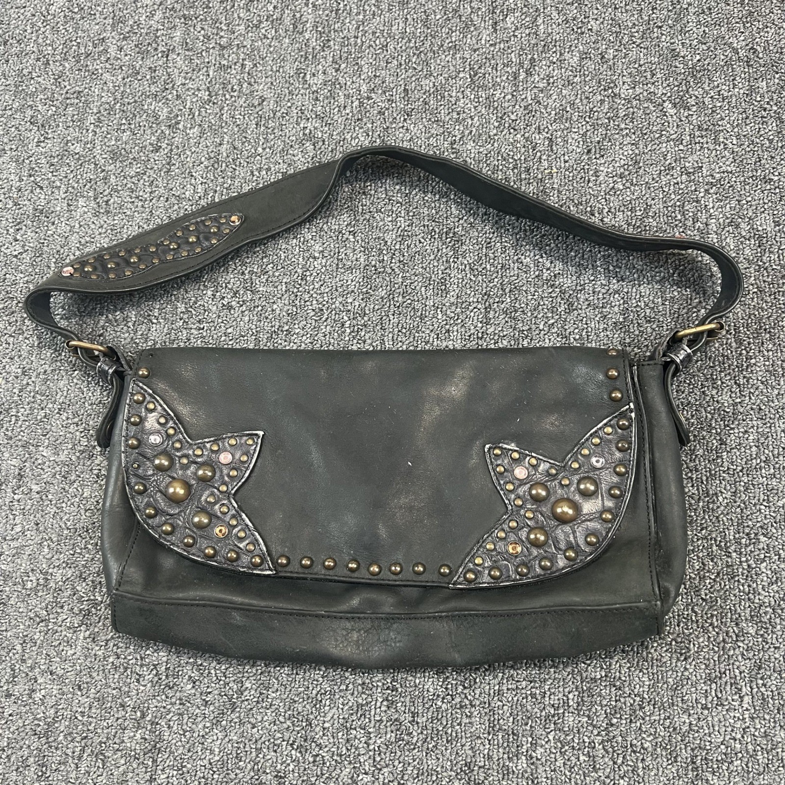Dismero Vintage Y2K Studded Leather Shoulder Bag Black Rhinestone Grunge Western