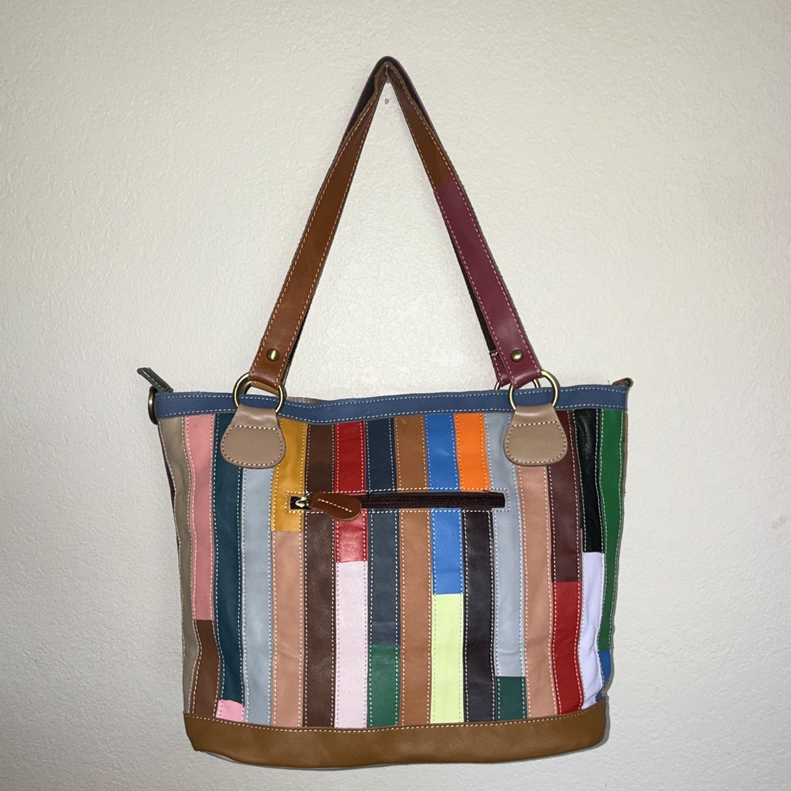 Mohiriya EUC Colorful Patchwork Floral Leather Tote Purse w/ Removable Zip Pouch