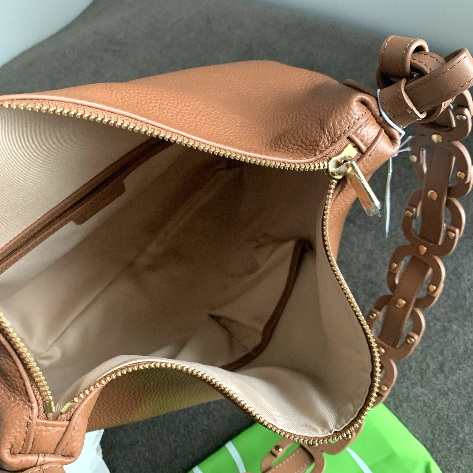 Sam Edelman Hobo Bag Bay Large Genuine Leather Chainlink Shoulder Caramel/Brown