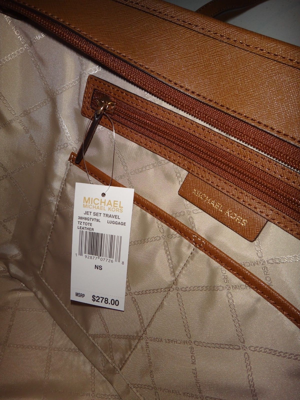 MICHAEL KORS MK Travel Tote Bag Brown Luggage Saffiano Leather Gold 38H8GTVT9L