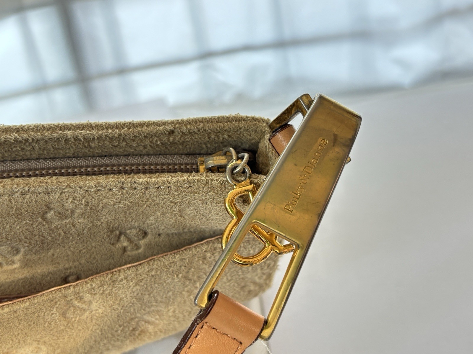 Pinky & Dianne Beige Suede Shoulder Bag Monogram Leather Strap Women’s Japan
