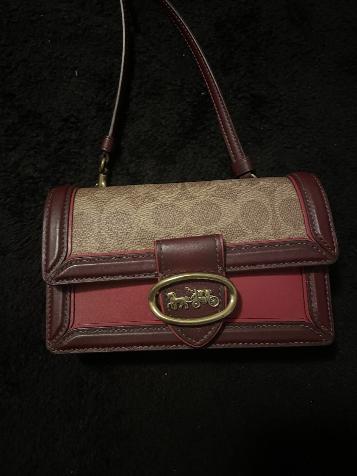 Coach Signature Monogram Turn Lock Crossbody Wallet Bag Burgundy Beige
