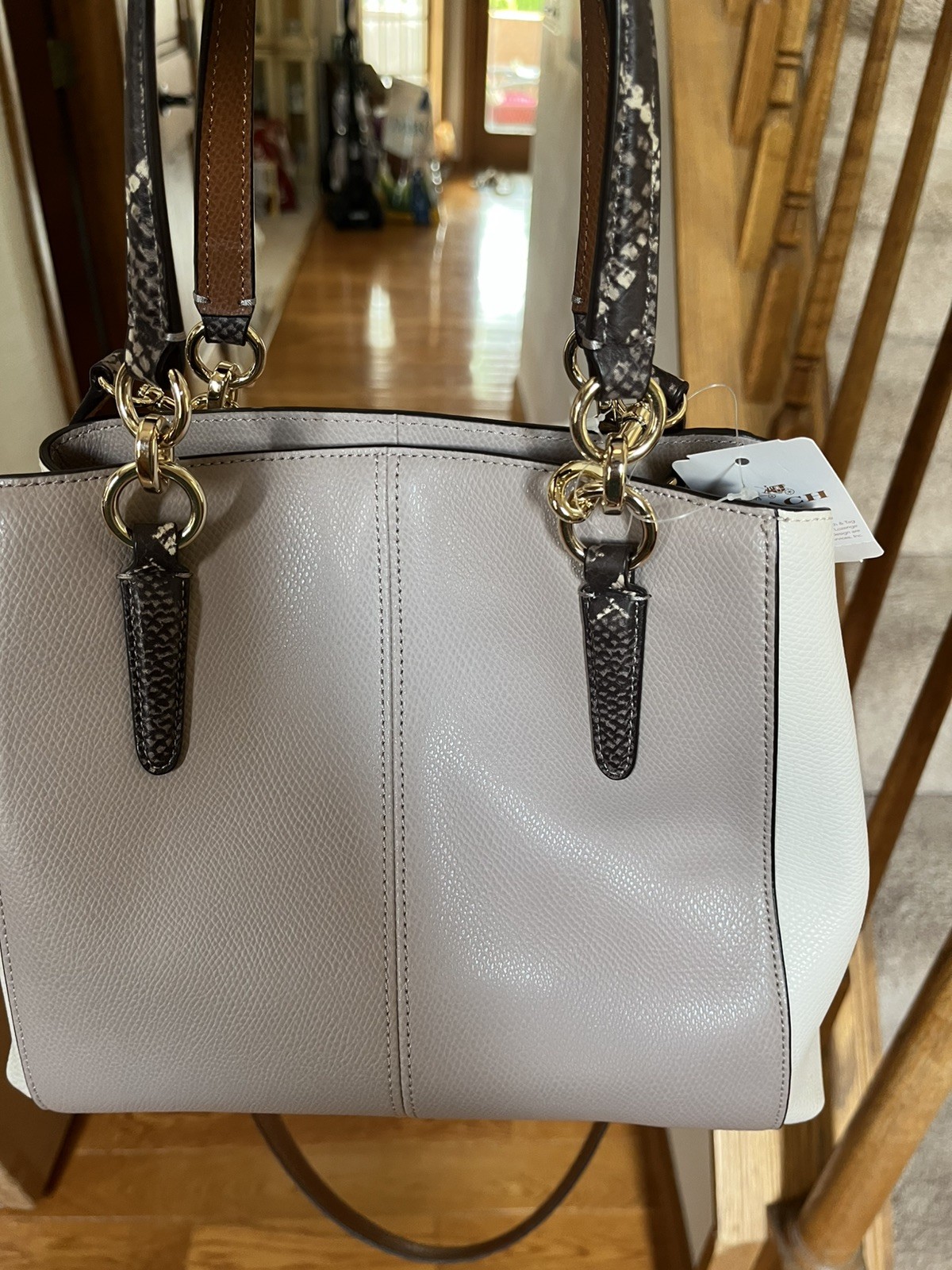Coach Minetta Taupe Off White Exotic Leather Trim MSRP $375 NWT & Wallet