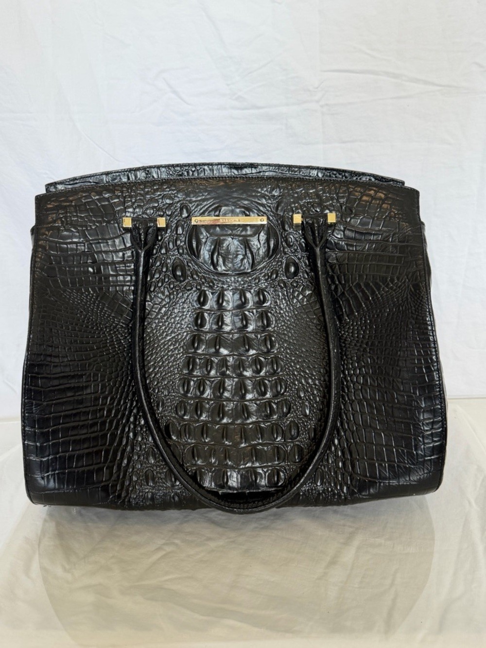 Brahmin “Alice Carryall Black Leather Tote” (Croc embossed) Gold Hardware