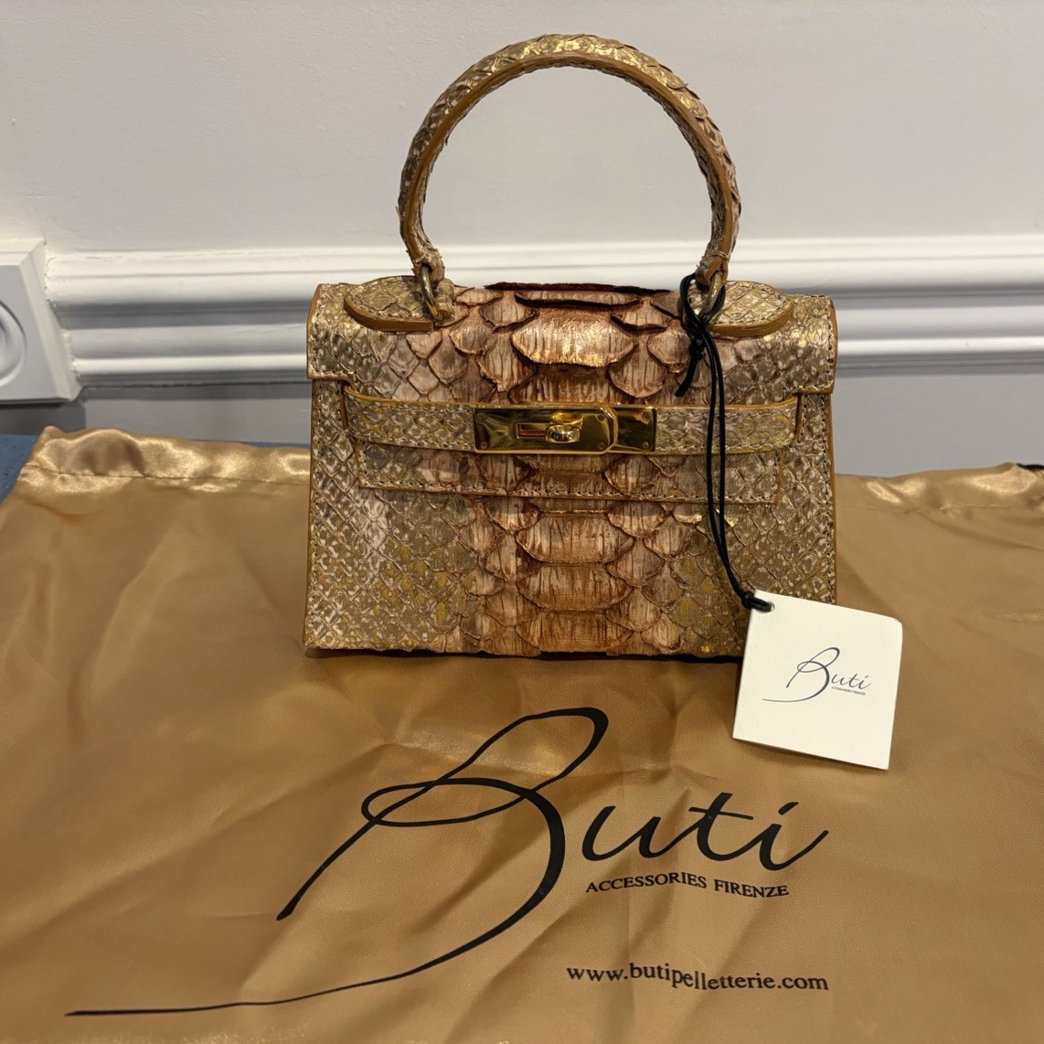 Buti Metallic Brown Gold Animal Print Top Handle Satchel w/ Detachable Strap