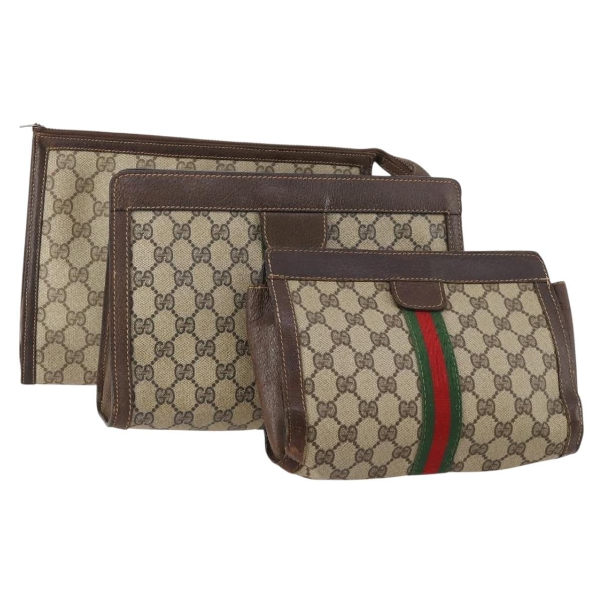 GUCCI GG Supreme Web Sherry Line Clutch Bag PVC 3 Set Beige Navy Auth 181593