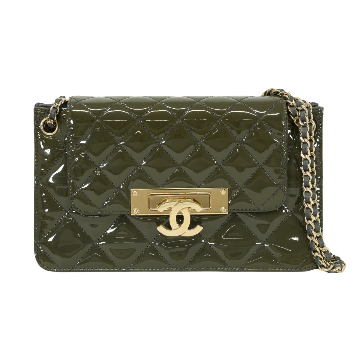 [Pre-loved] CHANEL Matelasse COCO Mark Accordion Flap Chain Khaki/Gray Paten…