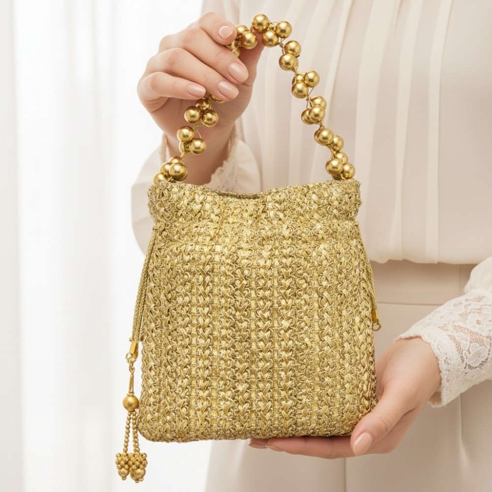 HUNAR-Gold Beaded Evening Bag 8.4x9in Drawstring Party Wedding Handbag Purse