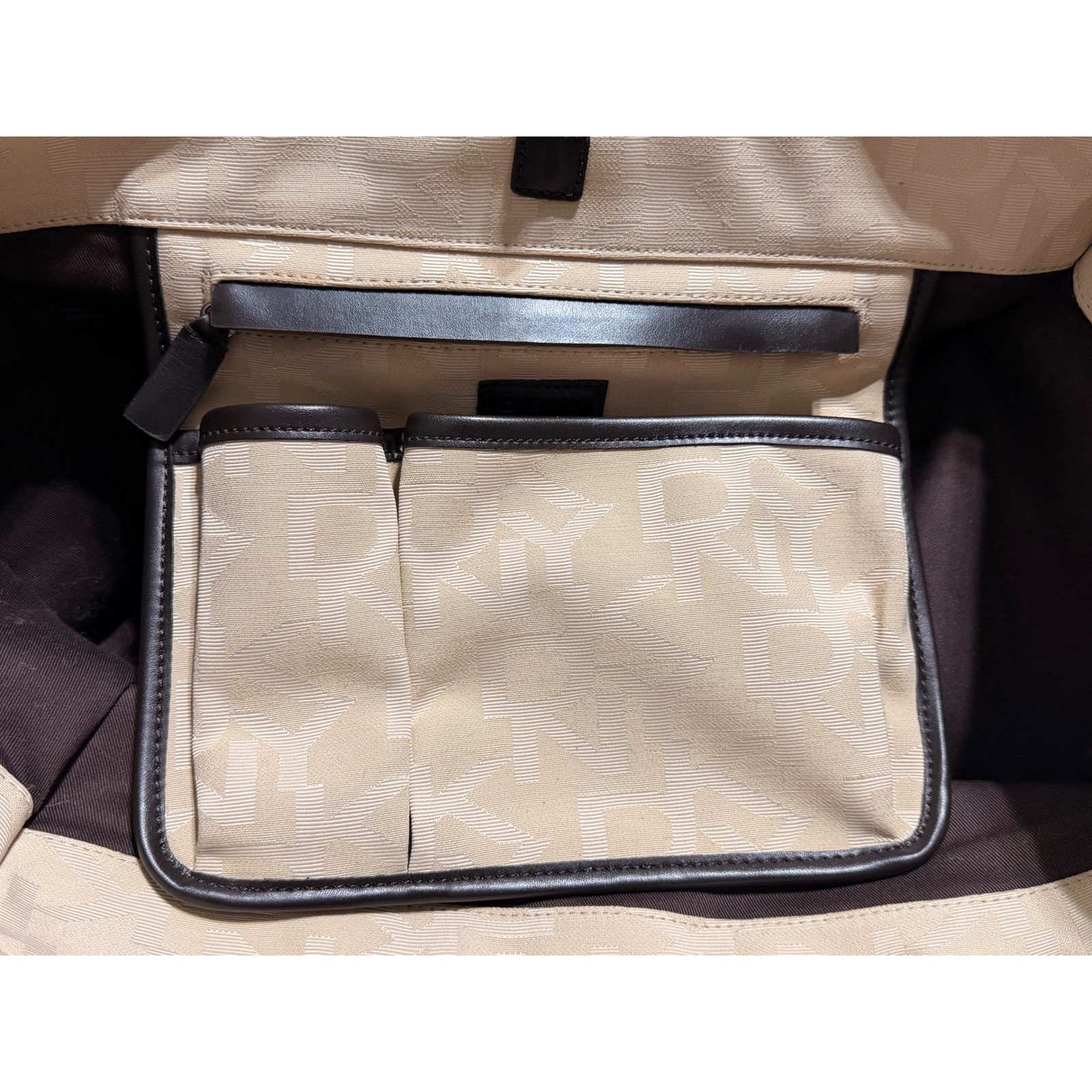 DKNY Monogram Logo Jacquard Tote Bag Beige Brown Leather Trim Shoulder Bag