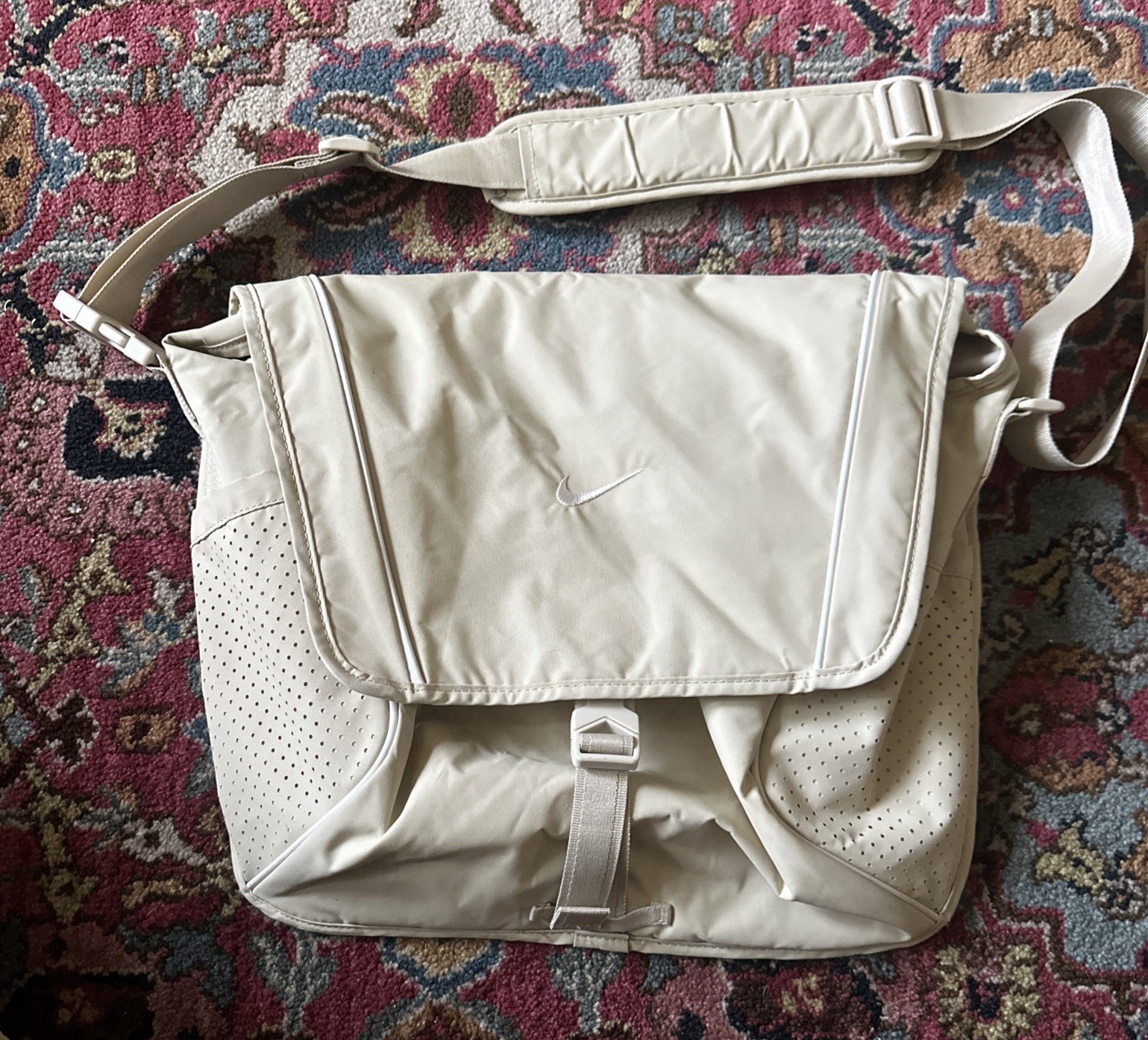 Nike Beige Tan Messenger Bag, Flap Buckle & Zip Closure Adjustable Strap Pockets
