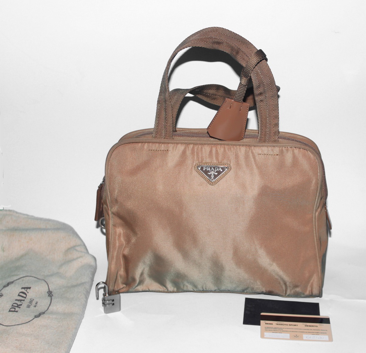 Vtg PRADA Tote Bag Nylon Khaki Deserto Brown Re- Edition purse Triangle y2k logo