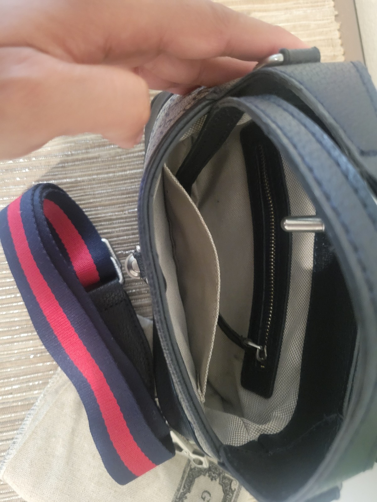 Gucci GG Monogram Shoulder Bag Top Handle Zip w/ Detachable Red/Blue Strap