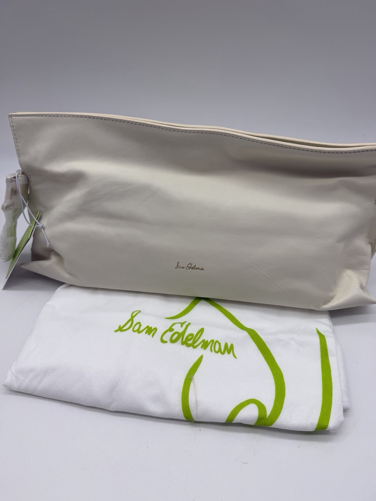 SAM EDELMAN Poppy oversized leather drawstring clutch + Dust bag WHITE/OFF WHITE