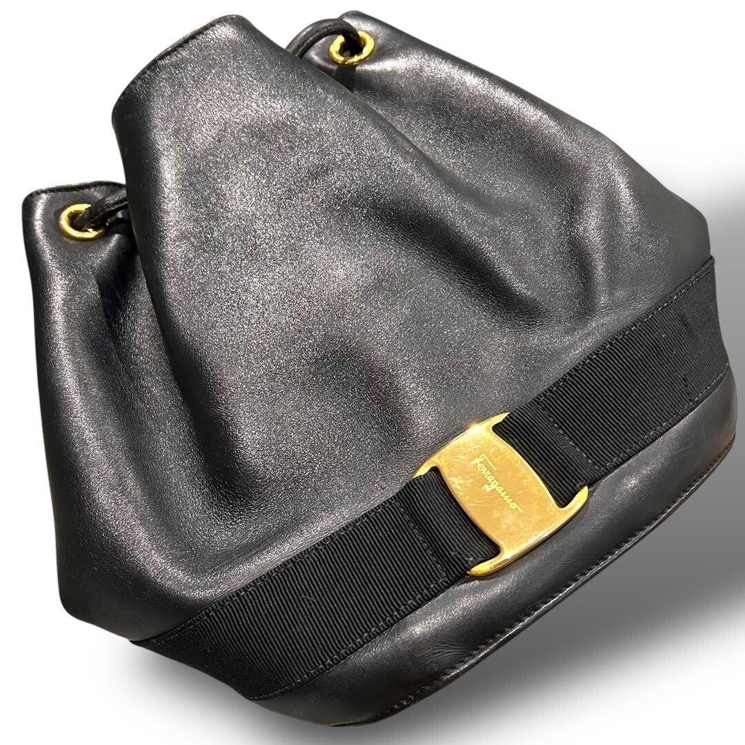 Salvatore Ferragamo Black Leather Backpack Gancini Gold Hardware Women Italy