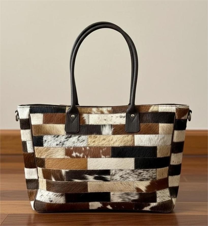Genuine Cowhide Hair on Tricolor Patch Tote Bag Western Leather Satchel Purse