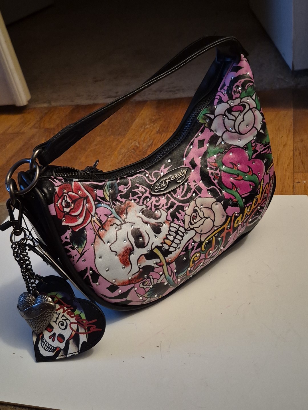NWT Ed Hardy Black / Pink Skull Rose Tattoo Purse Bag Hobo MSRP $70