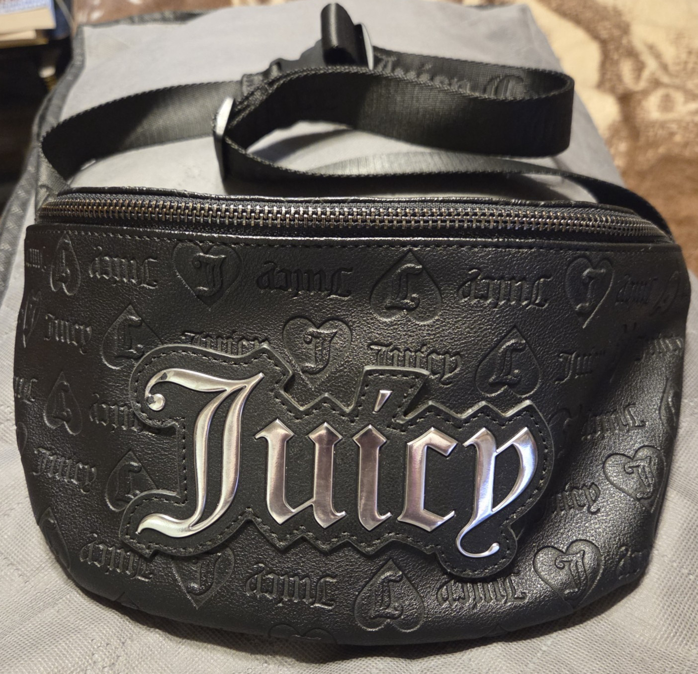 Juicy Couture Belt Bag Fanny Pack Black Embossed All Over Print w/ Heart Charm