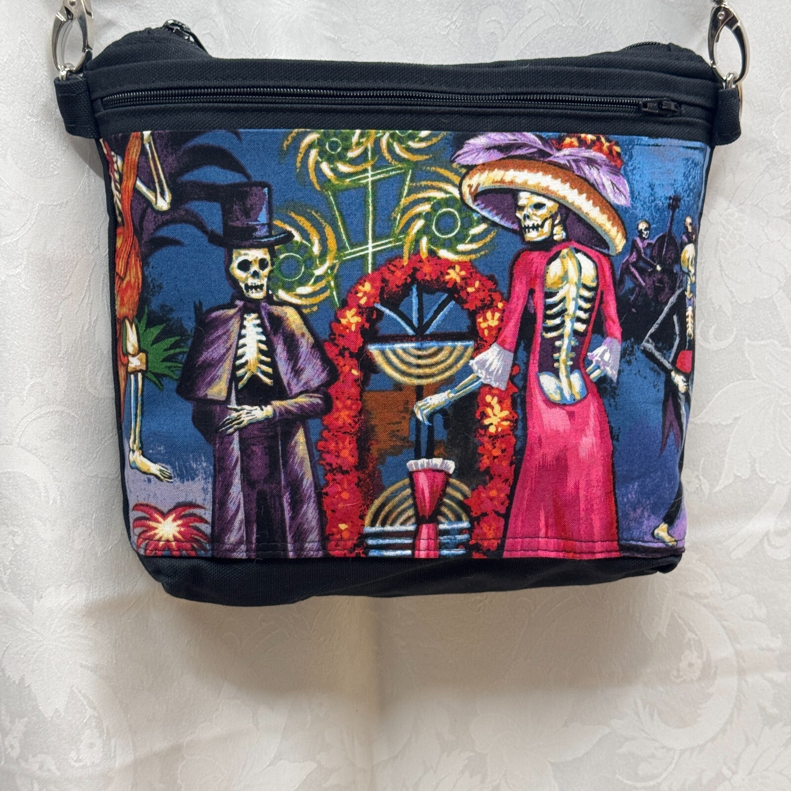 Crossbody Purses Halloween Skeletons Handmade Fabric Canavs Adjustable Strap