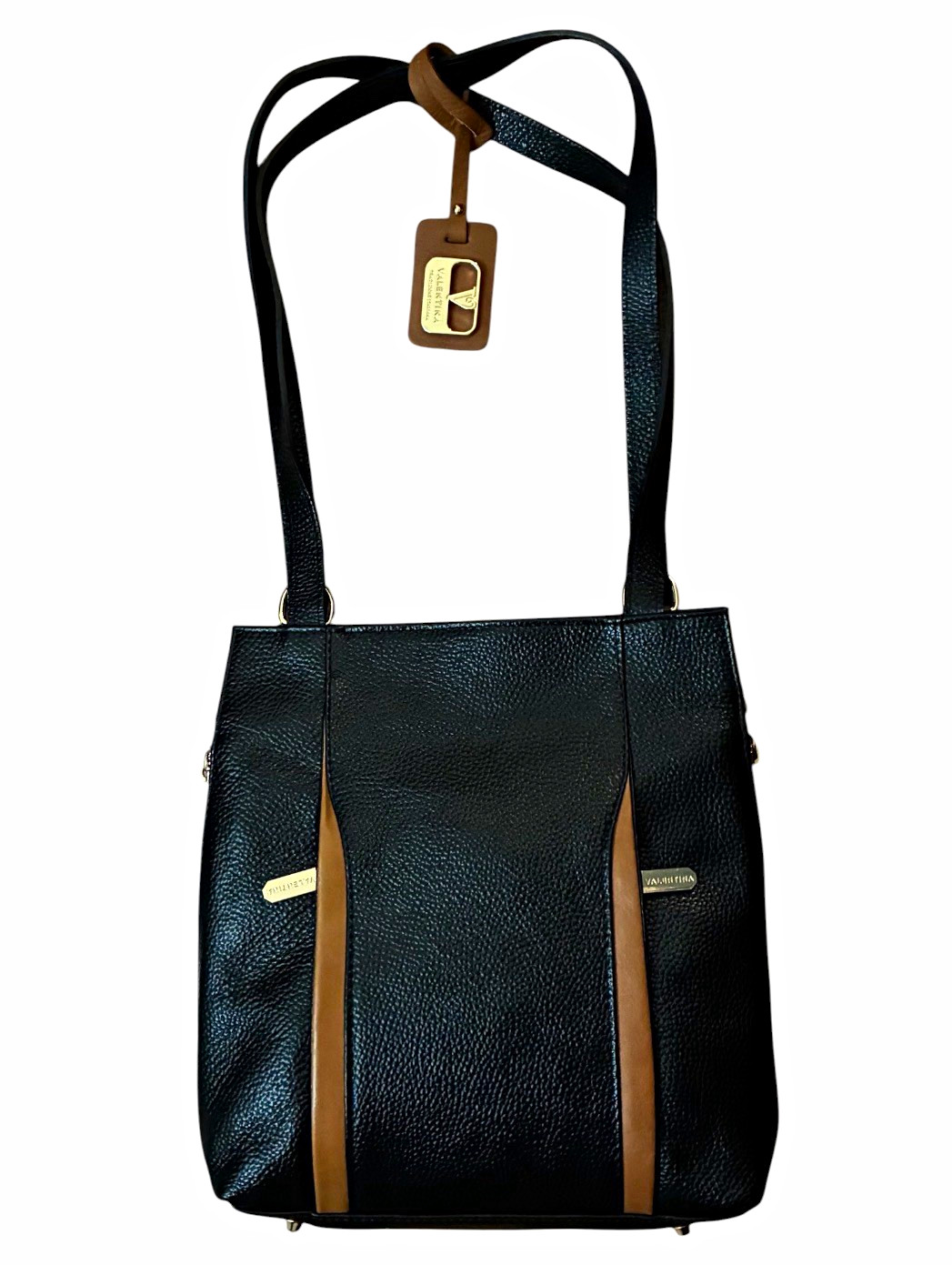 Valentina Italian Black Leather Convertible Backpack Shoulder Zip Lined Pockets