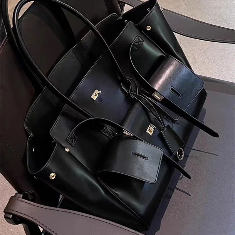 Oversized Multi Pocket Leather Tote Bag Black Utility Shoulder Travel Purse