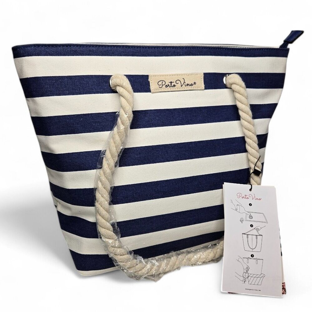 NWT Porto Vino Striped Canvas Tote Bag Without Refill Bags Nautical Rope Strap
