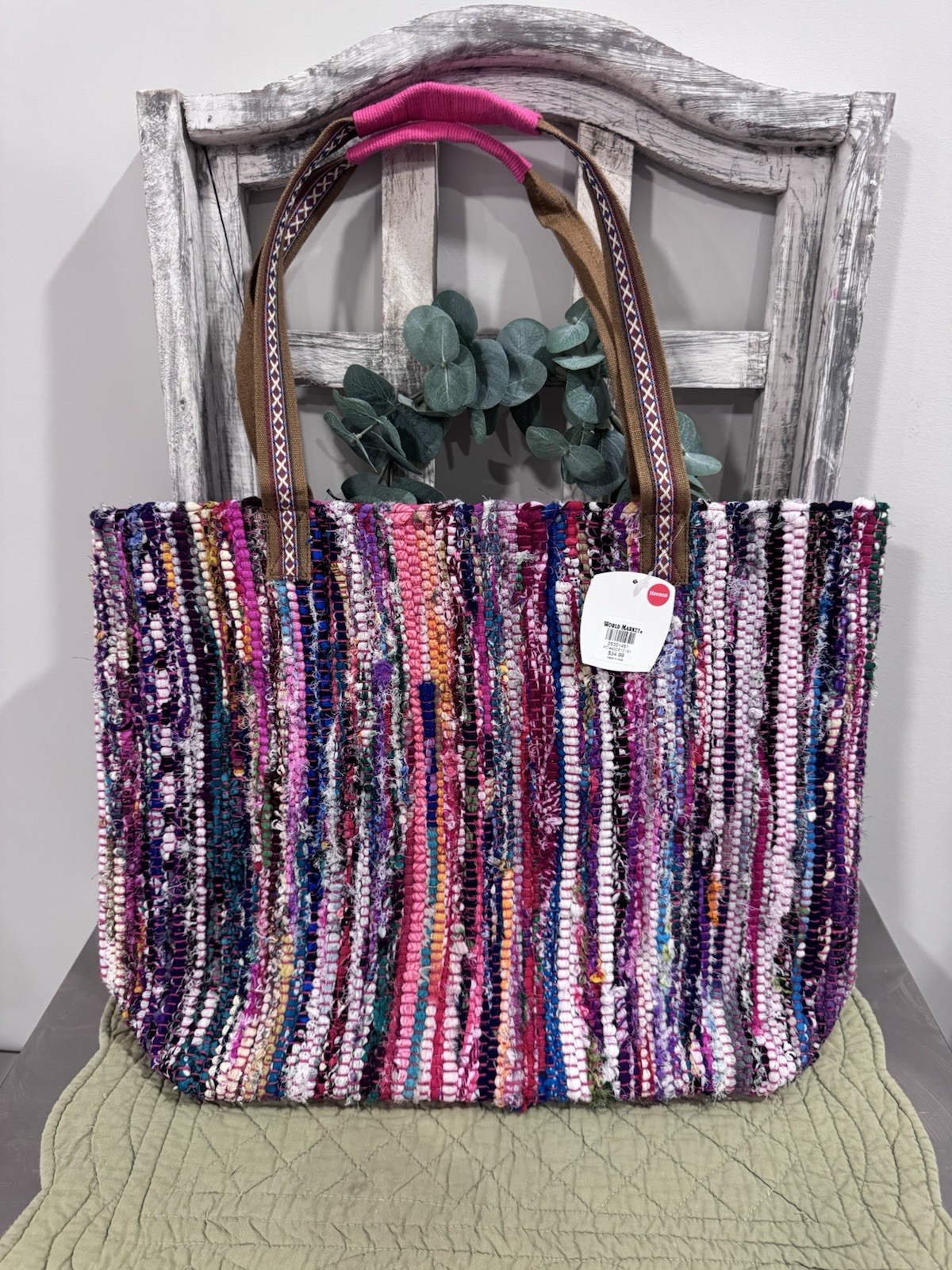 World Market Multicolor Chindi Stripe Upcycled Tote Bag