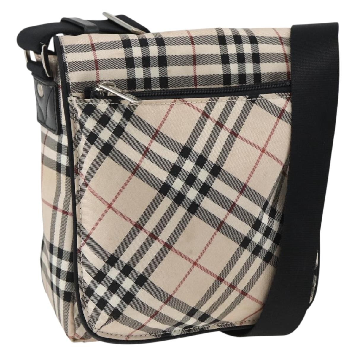 BURBERRY Nova Check Blue Label Shoulder Bag Nylon Beige Silver Auth 173694