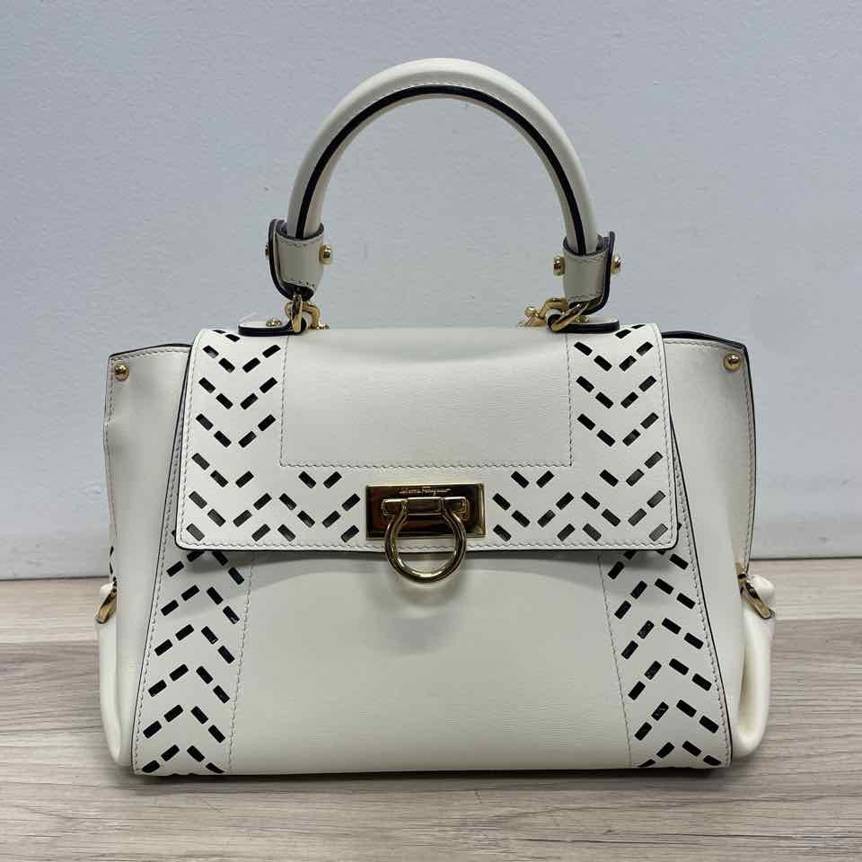 Salvatore Ferragamo Cream Leather Cutout Satchel Handbag