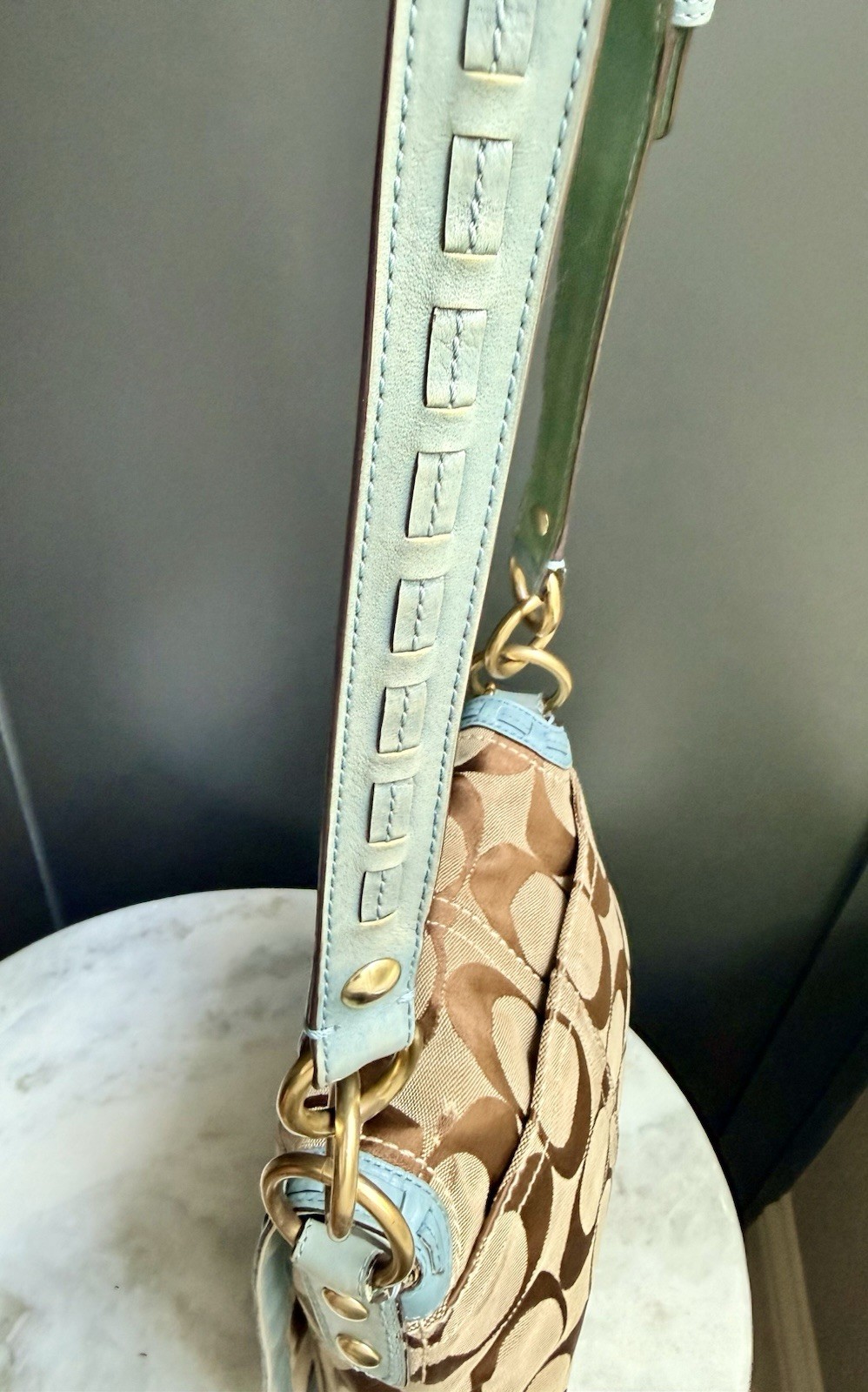 Coach Soho Signature Buckle Flap Shoulder Bag Khaki & Blue 11890 Y2K