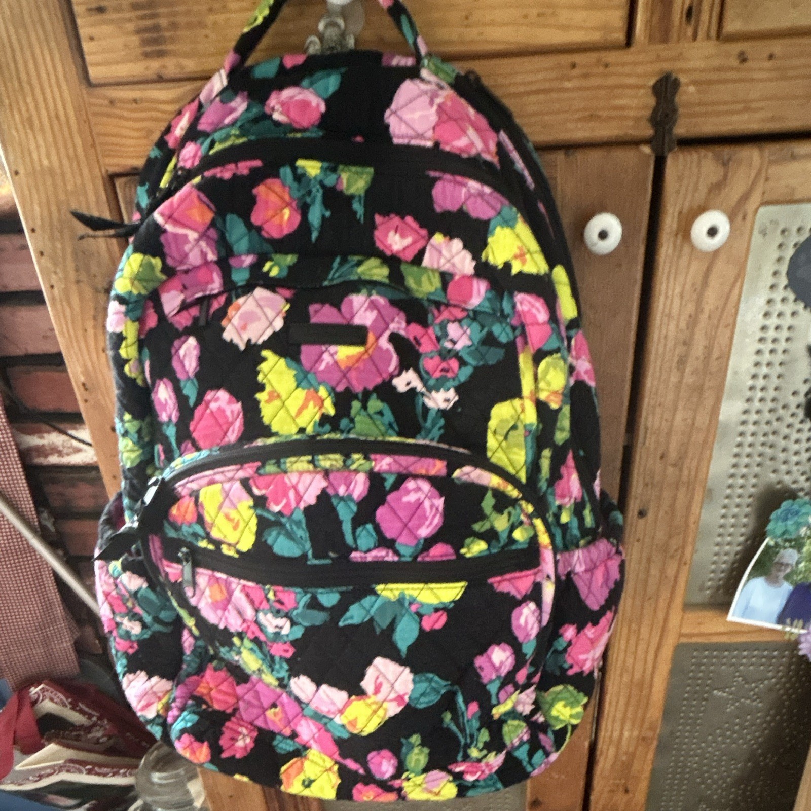 Vera Bradley Floral Backpack Black Pink Green Yellow Purple Lined Pockets