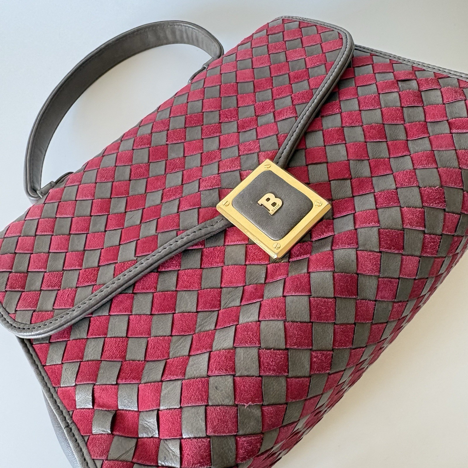 Authentic Bally Hang bag Red&Grey Leather From Japan 0967